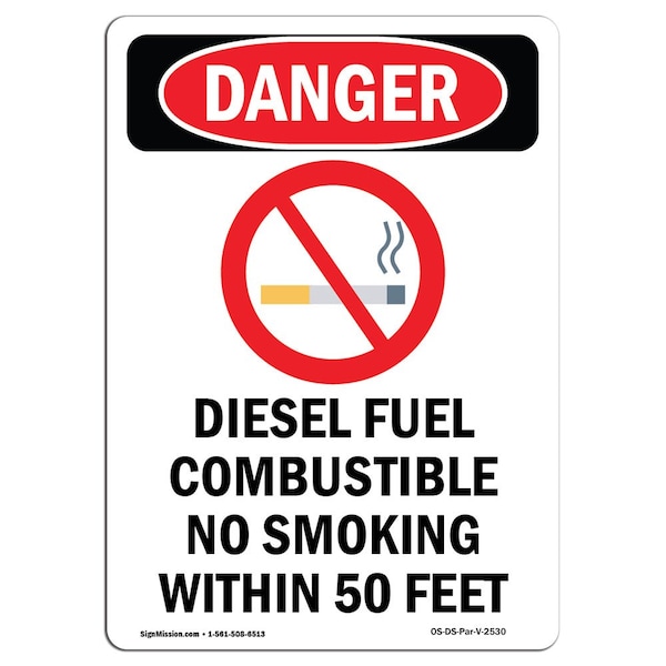Safety Sign, OSHA Danger, 5" Height, Diesel Fuel Combustible, Portrait, 10PK